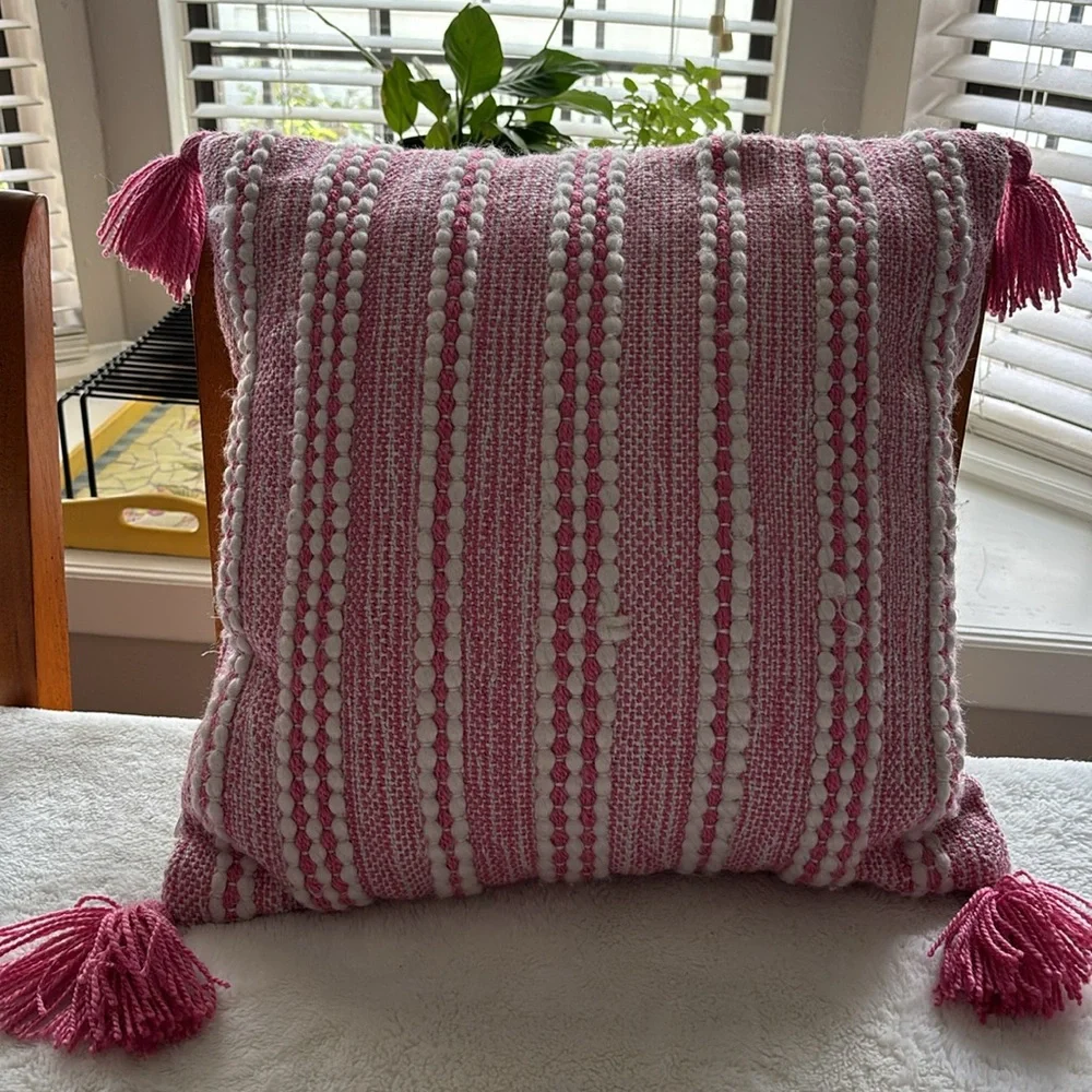Magaschoni Home Decorative Toss Throw Pillow Pink & White Pink Tassels